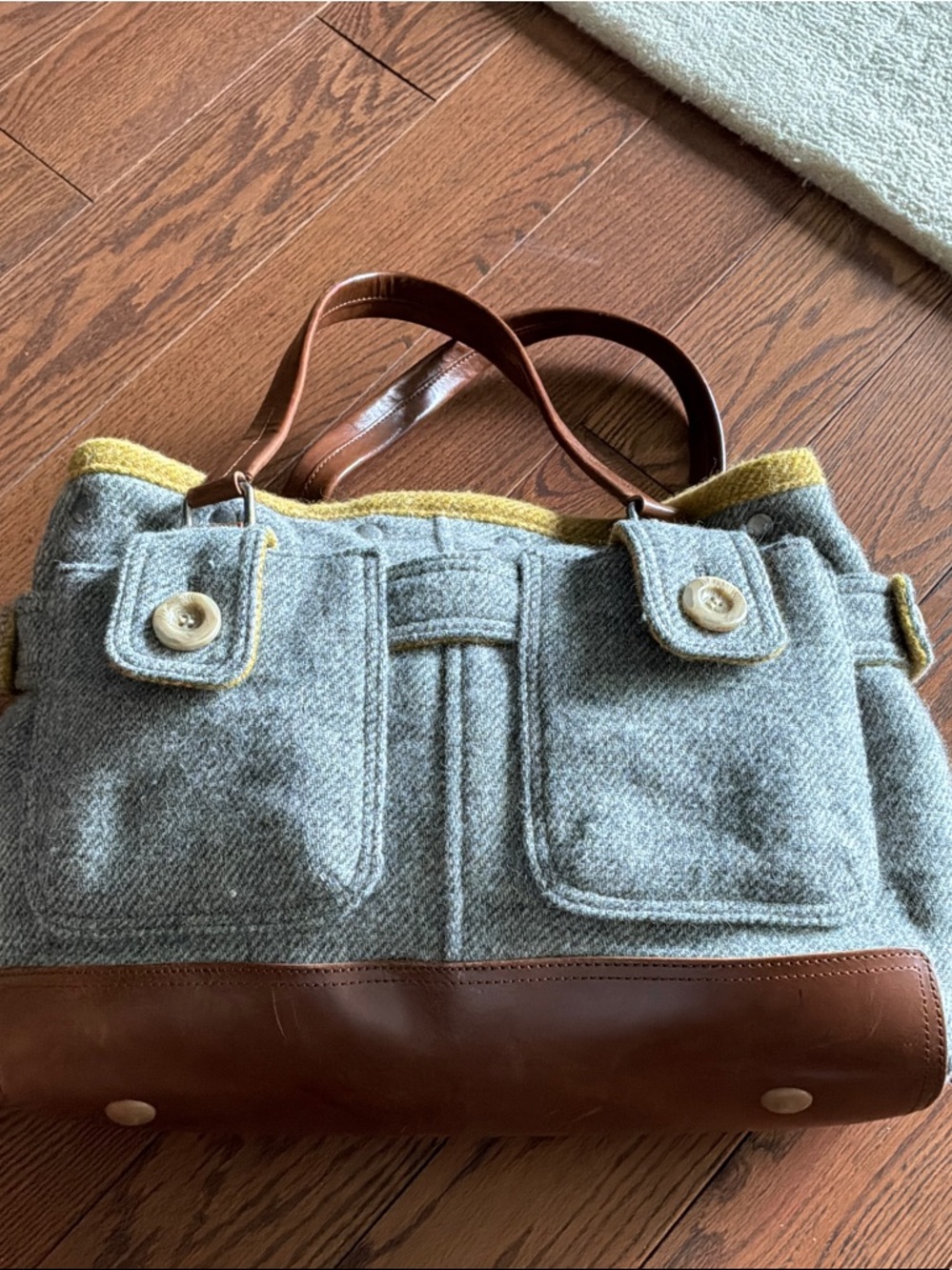 Orla Kiely Gray Wool Tote with Brown Leather Handles & Yellow Trim